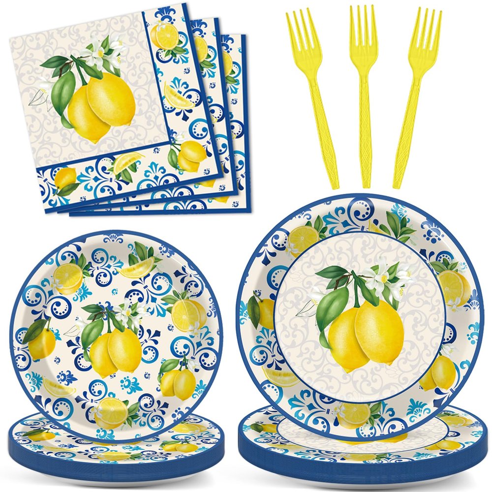 100Pcs Capri Lemon Paper Plates and Napkins Lemon Birthday Party Decoration Disposable Summer Citrus Fruit Themed Tableware Dinnerware Set for Yellow Lemon Baby Shower Party Supplies Serve 25