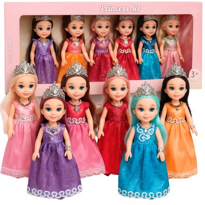 TOMLEON Princess Dolls Playset 6 Mini Princess Dolls with Colorful Gowns, Crowns & Jewelry Fantasy Role Play Set for Kids with Elegant Dresses, Accessories & Royal-Themed Box Gift for Ages 3+
