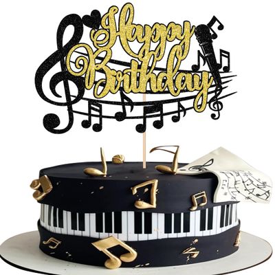 1 PCS Music Happy Birthday Cake Topper Black Gold Glitter Musical Symbol Note Microphone Music Lover Birthday Cake Pick for Concert Singer Theme Party Cake Decoration Supplies