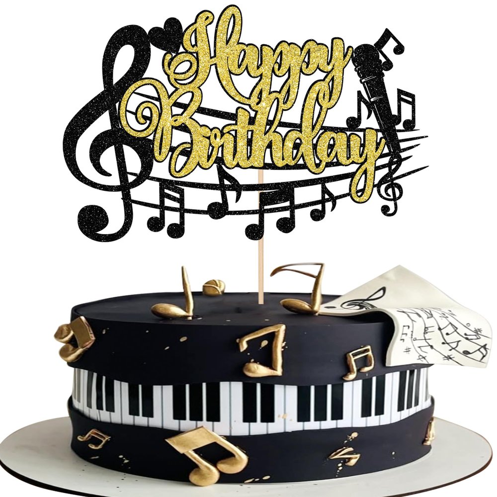 1 PCS Music Happy Birthday Cake Topper Black Gold Glitter Musical Symbol Note Microphone Music Lover Birthday Cake Pick for Concert Singer Theme Party Cake Decoration Supplies