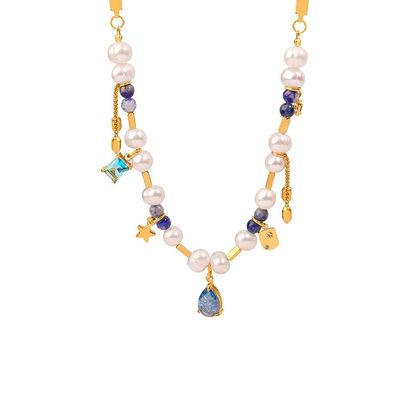 French Retro Style Necklace,Freshwater Pearl Necklace,Nature Pearl Choker Necklace White Pearl Charm Freshwater Pearl Necklace,Multicolor Stone Collarbone Pendant Necklaces,for Women Gifts (A1)