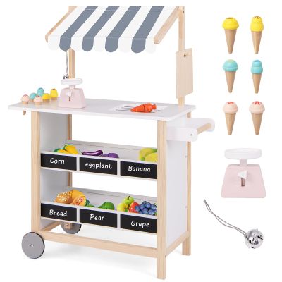 HONEY JOY Kids Ice Cream Cart, Wooden Grocery Store Playset w/6 Pieces Play Food, Realistic Bell & Food Scale, Chalkboard, Pretend Play Dessert Shop Counter Stand Truck, Gift for Boys Girls
