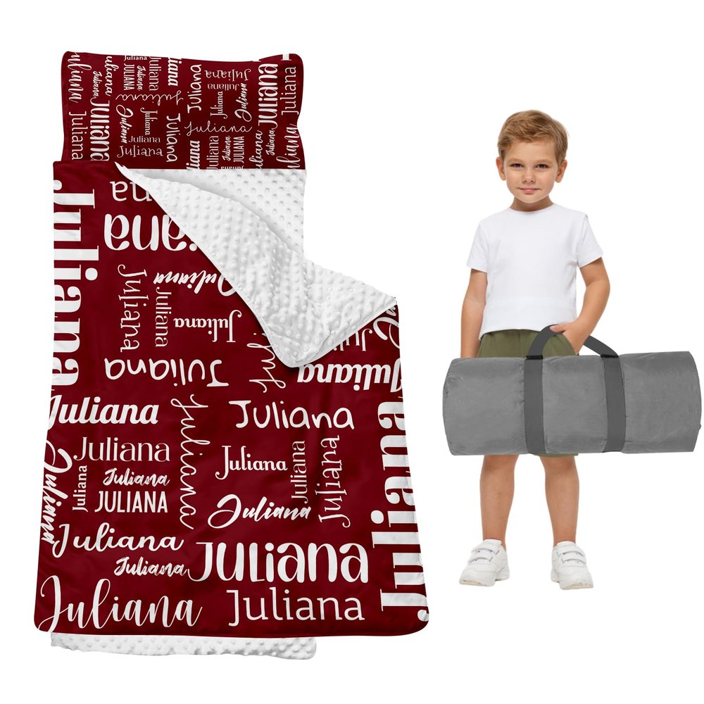 Duckbe Toddler Daycare Nap Mat - Preschool Sleeping Bag with Pillow and Blanket, Custom Preschool Nap Gift for Kids, Comfortable & Cozy Nap Mat for Toddler Girl and Boy, Dark Red & White
