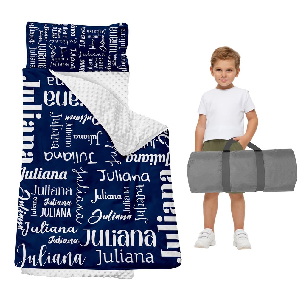 Duckbe Toddler Daycare Nap Mat - Preschool Sleeping Bag with Pillow and Blanket, Custom Preschool Nap Gift for Kids, Comfortable & Cozy Nap Mat for Toddler Girl and Boy, Navy & White