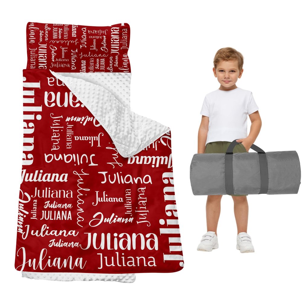 Duckbe Toddler Daycare Nap Mat - Preschool Sleeping Bag with Pillow and Blanket, Custom Preschool Nap Gift for Kids, Comfortable & Cozy Nap Mat for Toddler Girl and Boy, Red & White