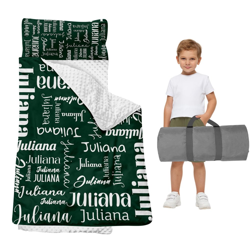Duckbe Toddler Daycare Nap Mat - Preschool Sleeping Bag with Pillow and Blanket, Custom Preschool Nap Gift for Kids, Comfortable & Cozy Nap Mat for Toddler Girl and Boy, Dark Green & White
