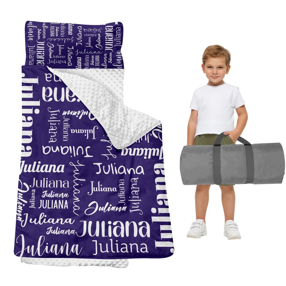 Duckbe Toddler Daycare Nap Mat - Preschool Sleeping Bag with Pillow and Blanket, Custom Preschool Nap Gift for Kids, Comfortable & Cozy Nap Mat for Toddler Girl and Boy, Dark Purple & White