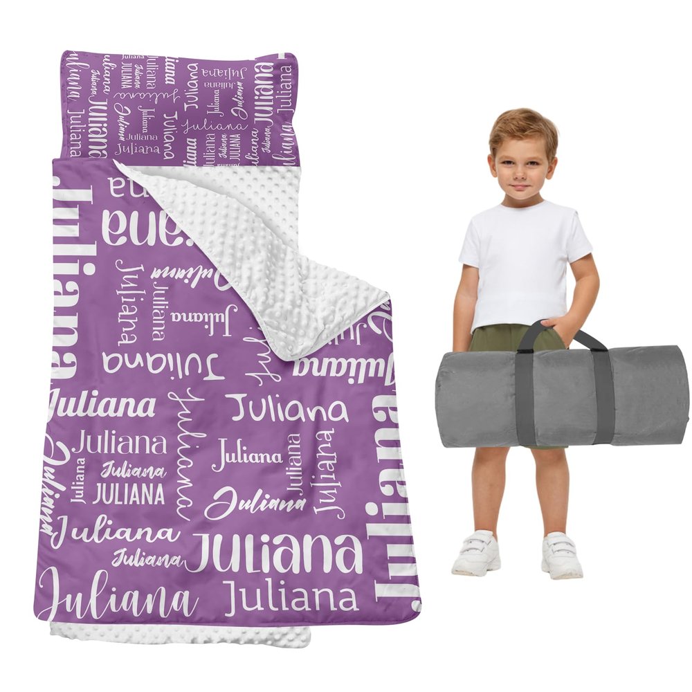 Duckbe Toddler Daycare Nap Mat - Preschool Sleeping Bag with Pillow and Blanket, Custom Preschool Nap Gift for Kids, Comfortable & Cozy Nap Mat for Toddler Girl and Boy, Light Purple & White