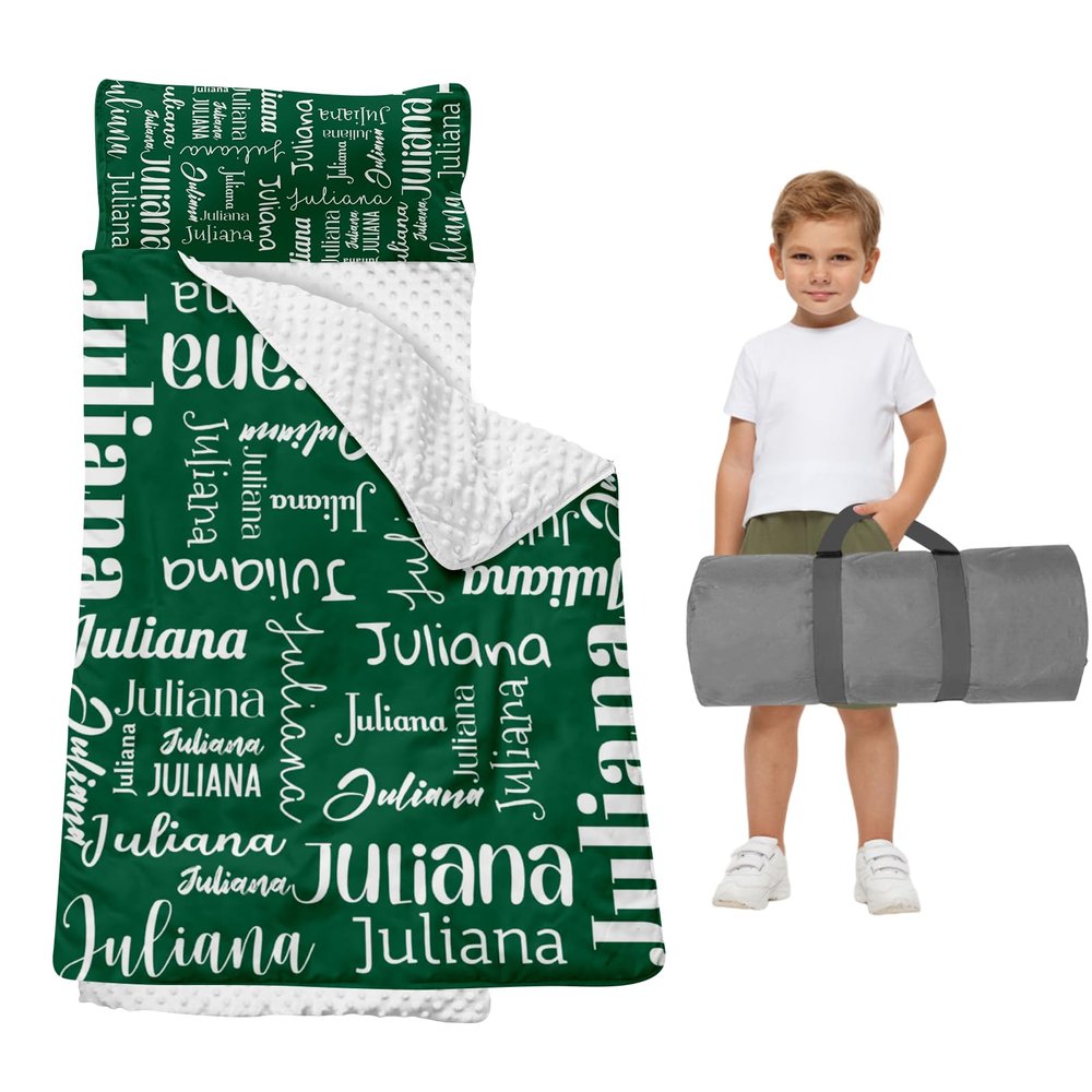 Duckbe Toddler Daycare Nap Mat - Preschool Sleeping Bag with Pillow and Blanket, Custom Preschool Nap Gift for Kids, Comfortable & Cozy Nap Mat for Toddler Girl and Boy, Green & White