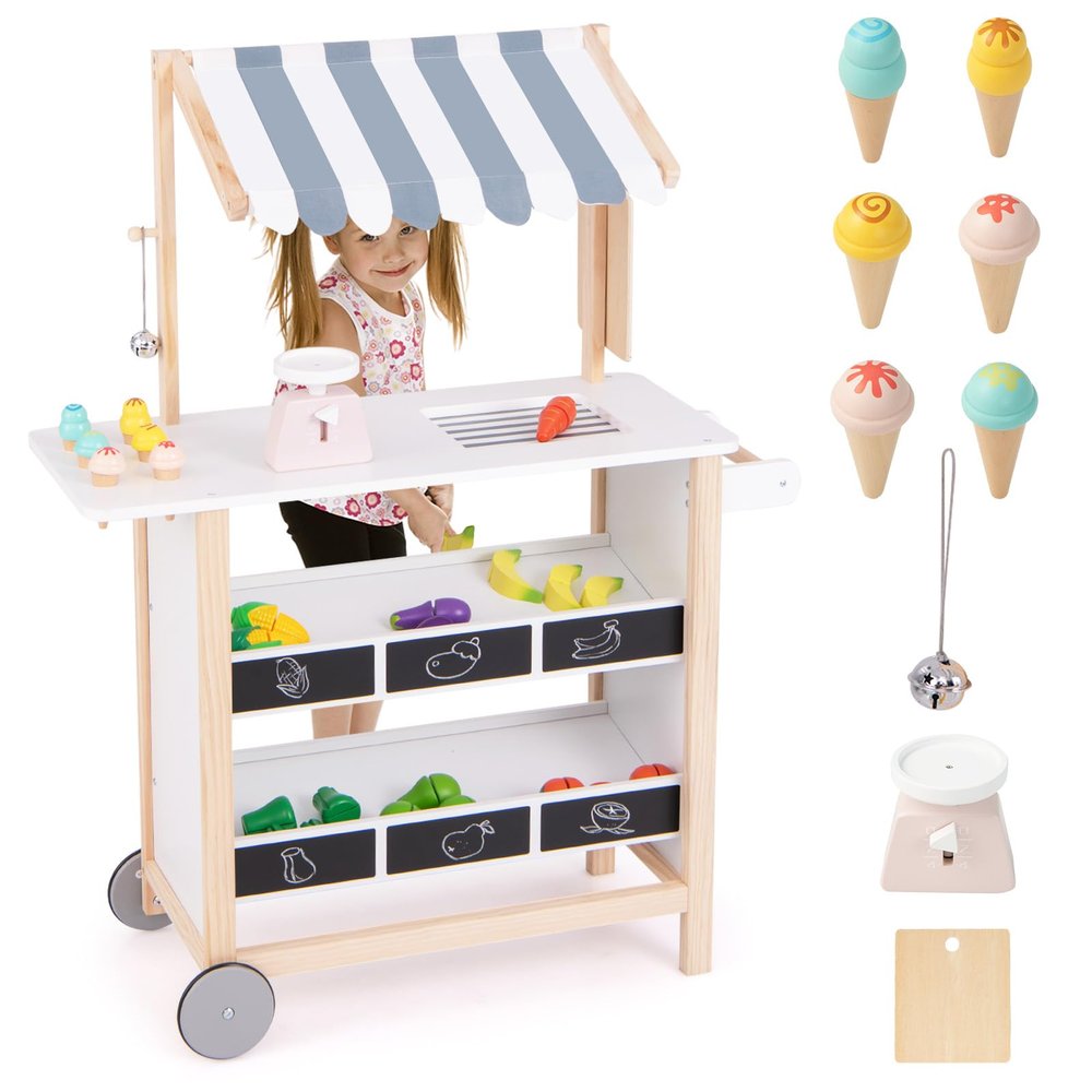Costzon Kids Pretend Play Grocery Store, Wooden Ice Cream Cart Toy Set for Kids with Ice Cream Making Counter, Scale, Bell, Display Shelves, Blackboard, Canopy, Wheels, Gift for Toddlers (White)