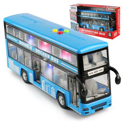 Cdymkf 11"(28cm) Double Decker Bus Toy with Lights & Sounds, Scale(1:16) Friction Powered Bus Toy for Kids with Indoor Ceiling Lights and 4 Different Sounds - Gift for Kids Ages 3+ (Bule)