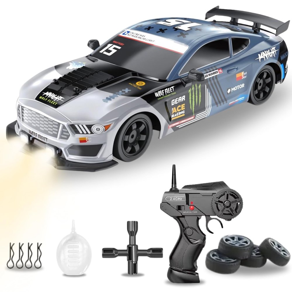 Liberty Imports RC Drift Car 1/16 2.4GHz 4WD Remote Control Sport Racing On-Road Vehicle with LED Light, Batteries and Drift Tires (Silver)