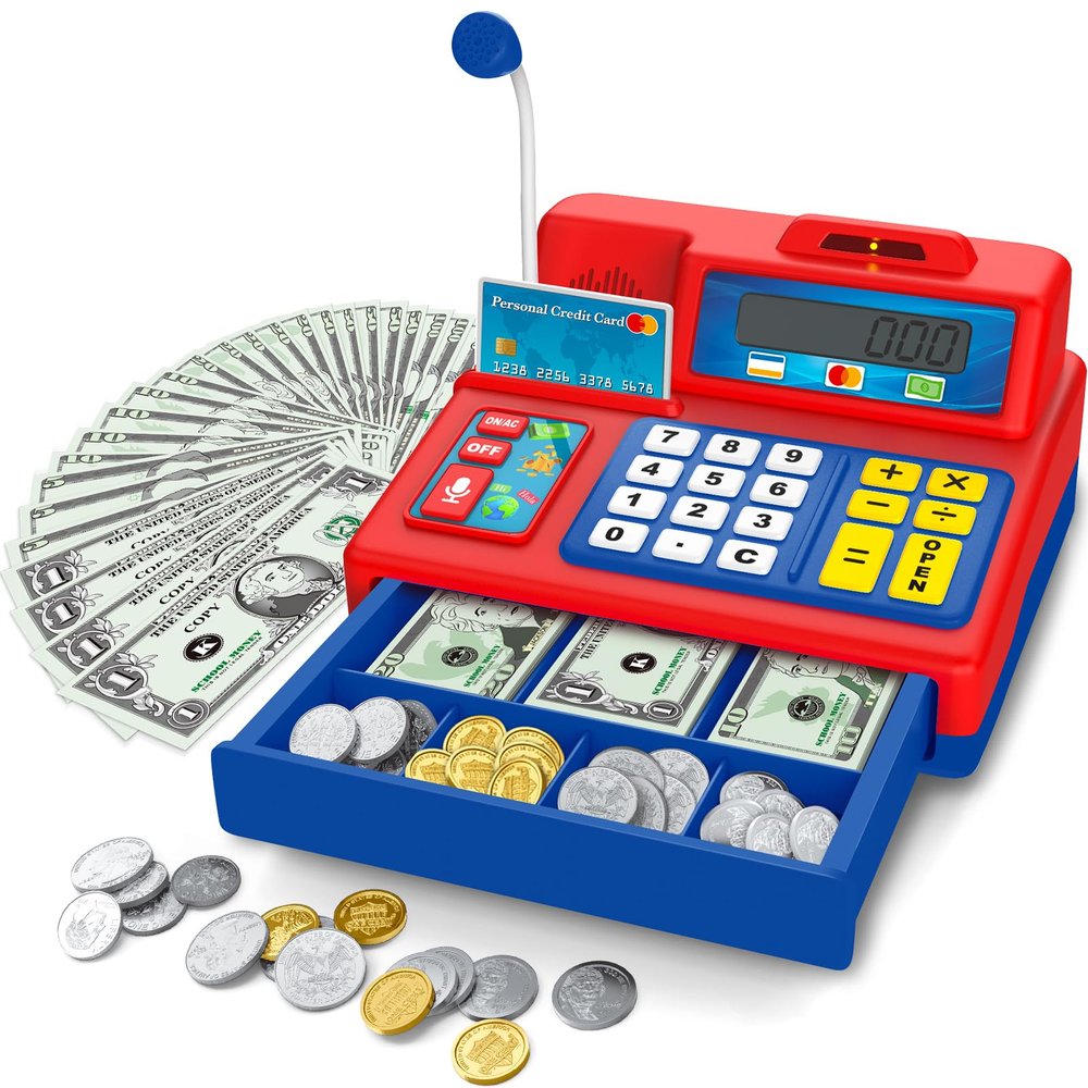 Bstoyder Calculator Cash Register Toy Gift for Kids Age 3, 4, 5, 6, 7, 8+ Year Old, 103 Pcs Grocery Store Playset with Microphone, Credit Card, Cash Register for Toddlers Kids 4-8