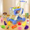 Kids Shopping Cart - 2 in 1 Toy Shopping Cart with Play Food Fruit Vegetable Dessert and Shop Accessories, 72pcs Pretend Play Grocery Store Toy Kitchen Game Trolley Play Set for Kids (Navy Blue) view 2