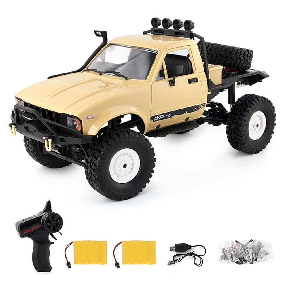 Dodoore RC Truck 1/16 RC Rock Crawler, WPL C14 4x4 RC Semi Truck, 2.4GHz Remote Control Car, All Terrain Off Road RC Climbing Car with LED Lights and 2 Batteries for Adults (Yellow)