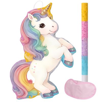 Magical Unicorn Piata - Small Unicorn Piata with Blindfold and Bat Rainbow Unicorn Themed Birthday Party Games Decorations (Small Size 16x10x3)