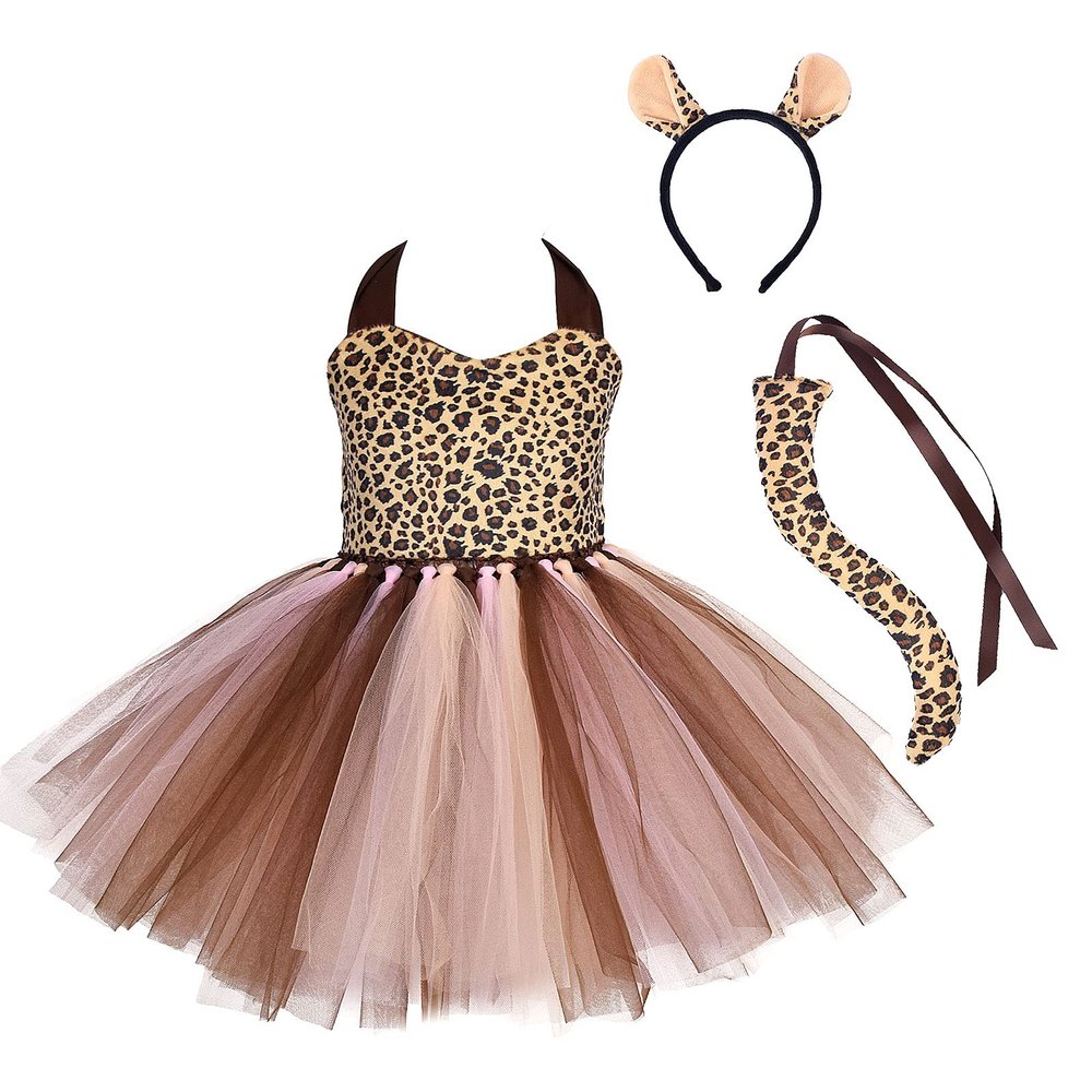 ABEHIK Girls Safari Costume Tutu Dress with Headband Tails Animal Cosplay Zoo Camping Themed Party Carnival Fairy Fancy Dress Up Halloween Christmas Birthday Party Outfit Brown Panther 2 Years