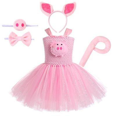 ABEHIK Girls Jungle Themed Cosplay Dress Cute Pink Pig Farm Animal Costumes Ears Headband Bowtie Tail Tutu Dress Halloween Christmas Birthday Party Outfit Pink Pig 5-6 Years