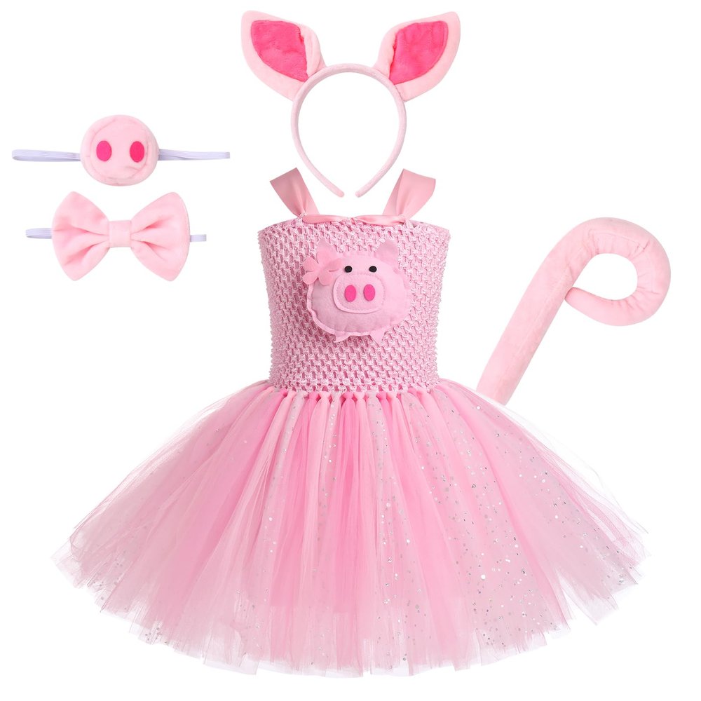 ABEHIK Girls Jungle Themed Cosplay Dress Cute Pink Pig Farm Animal Costumes Ears Headband Bowtie Tail Tutu Dress Halloween Christmas Birthday Party Outfit Pink Pig 5-6 Years