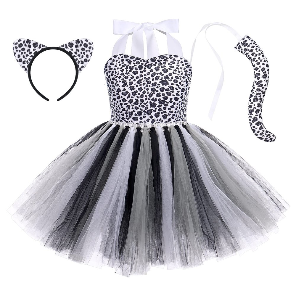 ABEHIK Girls Safari Costume Tutu Dress with Headband Tails Animal Cosplay Zoo Camping Themed Party Carnival Fairy Fancy Dress Up Halloween Christmas Birthday Party Outfit Black Panther 2 Years