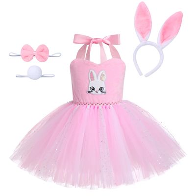 ABEHIK Girls Jungle Themed Cosplay Dress Bunny Rabbit Animal Costumes Ears Headband Bowtie Tail Tutu Dress Halloween Christmas Birthday Party Outfit Pink 5-6 Years