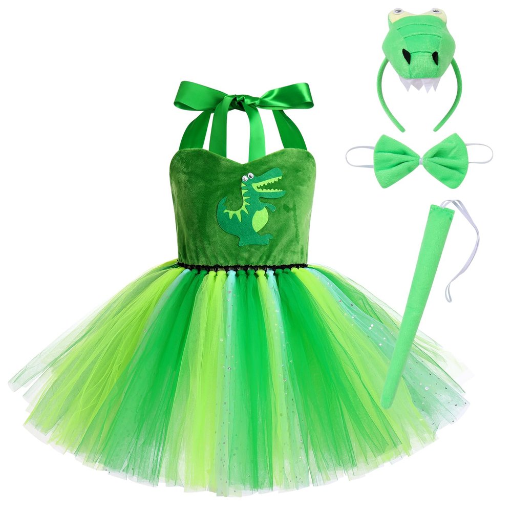 ABEHIK Kids Costume Tutu Dress Dinosaur Dino Party Decorations for Toddler Girls Carnival Fancy Dress Up Halloween Princess Clothes with Headband Tails Costume Green Dinosaur 5-6 Years
