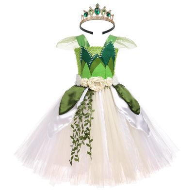 ABEHIK Little Girls Tulle Dress Headband Set Toddler Sleeveless Birthday Outfit Fairy Festival Suit Green White 7-8 Years
