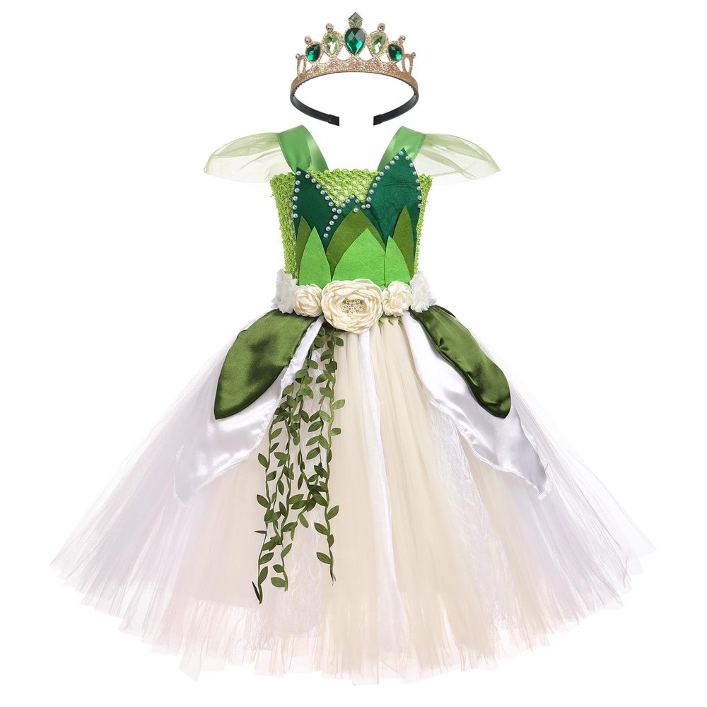 ABEHIK Little Girls Tulle Dress Headband Set Toddler Sleeveless Birthday Outfit Fairy Festival Suit Green White 7-8 Years