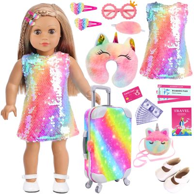 K.T. Fancy 23 Pcs American 18 Inch Doll Clothes & Accessories, Cute Doll Suitcase Set with Sequined Dress, Sunglasses, Unicorn Bag, Shoes