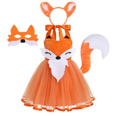ABEHIK Halloween Fox Costume for Girls Kids Funny Holiday Party Princess Dress Up Birthday Dresses Photography Photo Shoot Costume Festival Carnival Frocks Clothes Set Orange Fox 5-6 Years