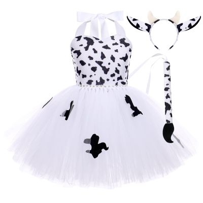 ABEHIK Girls Jungle Themed Animal Costumes Baby Cow Outfit with Ear and Tail Costume Kids Tutu Cartoon Dress Halloween Birthday Party Safari Costume Cow White 7-8 Years