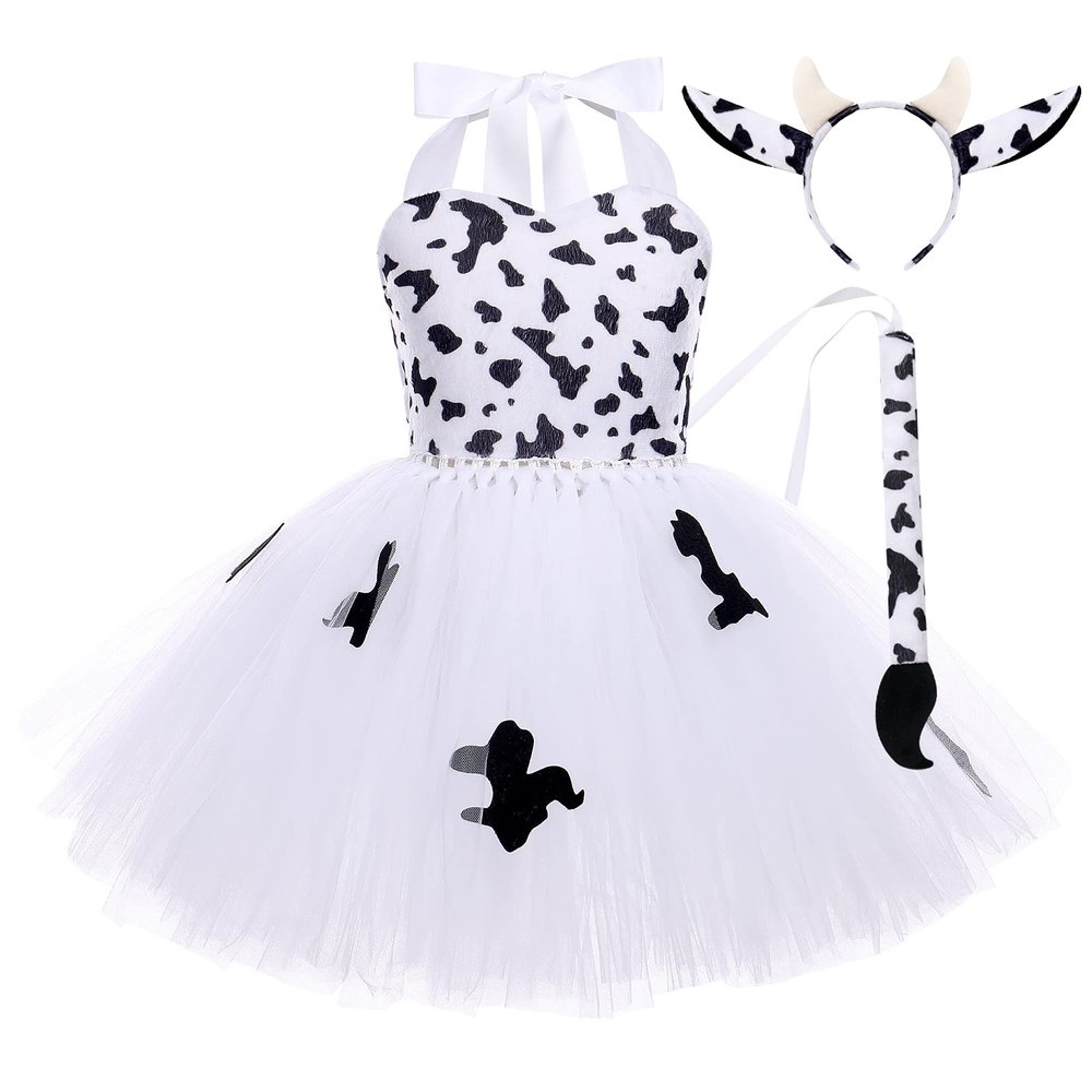 ABEHIK Girls Jungle Themed Animal Costumes Baby Cow Outfit with Ear and Tail Costume Kids Tutu Cartoon Dress Halloween Birthday Party Safari Costume Cow White 7-8 Years