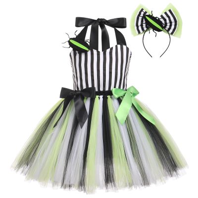 ABEHIK Little Girls Black and White Striped Tulle Dress Headband Set Toddler Sleeveless Birthday Outfit Fairy Festival Suit Black Green 5-6 Years