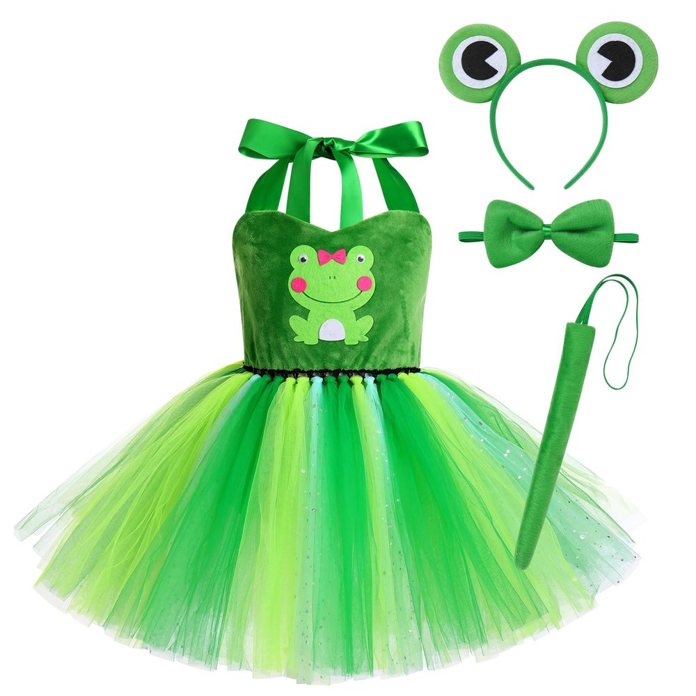 ABEHIK Princess Cosplay Costume for Girls, Kids Cosplay Christmas Halloween Party Fairy Fancy Dress Up Princess and The Frog Dress Costume with Accessories Green Frog 6-9 Months