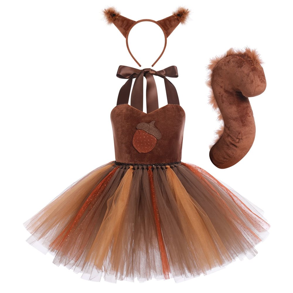 ABEHIK Kids Girls Woodland Creatures Animal Cosplay Zoo Camping Themed Party Favors Supplies Carnival Fairy Fancy Dress Up Pine cones Clothes with Headband Tails Squirrel 7-8 Years