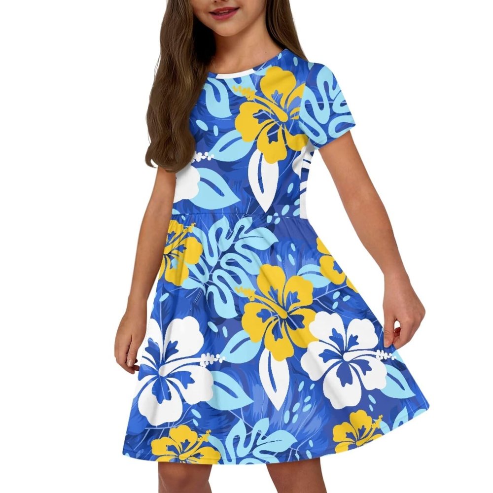 Srengjodk Traditional Polynesian Girls Costume Polynesian Culture Clothes Children Hawaiian Clothing Hawaii Kid Dresses Short Sleeve Twirly Dresses for Girls Chic Blue Hibiscus Custom 9-10T