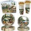 100 Pcs Camping Bachelorette Decorations Outdoor Adventure Disposable Paper Dinner Plates Napkins Cups Forks Dinnerware for Camping Girls Bridal Shower Wedding Engagement Party Decorations Supplies view 1