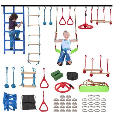 Bronkige 60ft Ninja Warrior Obstacle Course for Kids, 10 Obstacles Kids Outdoor Warrior Obstacle Play Equipment with kit, Monkey Bars, Climbing Net, Swing, Trapeze, Rope Ladder