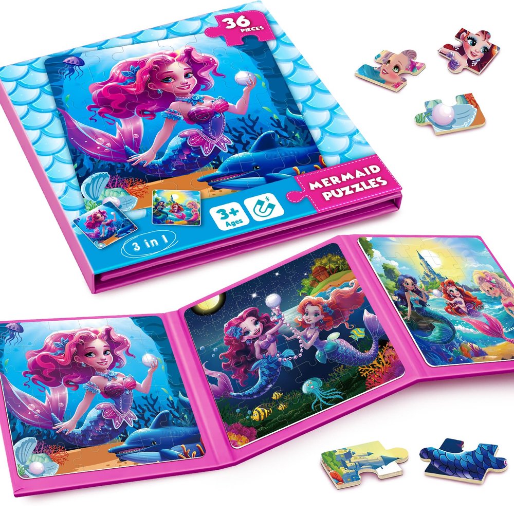 Magnetic Jigsaw Puzzles for Toddlers Kids 3-8 Girls,(3 36-Pieces) Travel Puzzles Toys for Kids Ages 4-6,Take-Along Car Airplane Road Trip Activities Game for 3 4 5 6 7 8 Year Old Birthday Gift,Mermaid