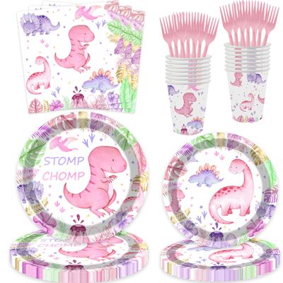 100 Pcs Watercolor Dinosaur Girls Party Decorations Pink and Purple Dino Paper Dinner Plates Napkins Cups Forks Dinnerware for Dinosaur Theme Baby Shower Girls 1st 2nd 3rd 4th Birthday Party Supplies