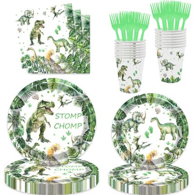 100 Pcs Watercolor Dinosaur Boys Party Decorations Green Dino Paper Dinner Plates Napkins Cups Forks Dinnerware for Dinosaur Theme Baby Shower Boys 1st 2nd 3rd 4th Birthday Party Supplies