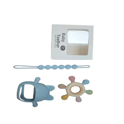 3 Packs Baby Teething Toys for 0-12 Months Babies, Silicone Pacifier with Teething Mittens and Silicone Teethers for Babies, Soft Handheld Teether Baby Chew Toys for Infants, (Blue)