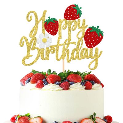 1 Pack Happy Birthday Cake Topper Glitter Strawberry Cake Pick for Fruit Theme Baby Shower Kids Birthday Party Strawberry Fruit Party Cake Decorations Supplies Gold