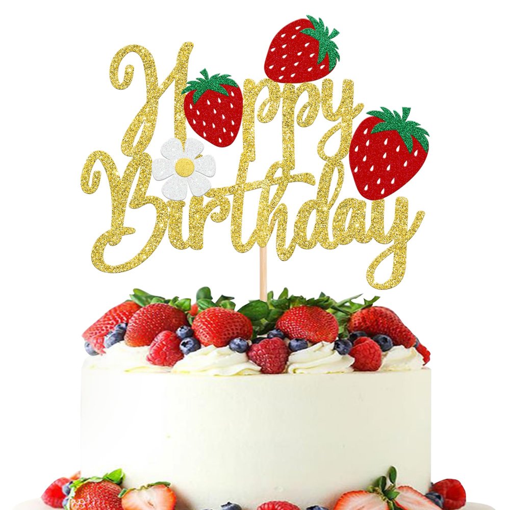 1 Pack Happy Birthday Cake Topper Glitter Strawberry Cake Pick for Fruit Theme Baby Shower Kids Birthday Party Strawberry Fruit Party Cake Decorations Supplies Gold