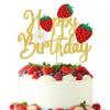 1 Pack Happy Birthday Cake Topper Glitter Strawberry Cake Pick for Fruit Theme Baby Shower Kids Birthday Party Strawberry Fruit Party Cake Decorations Supplies Gold view 1