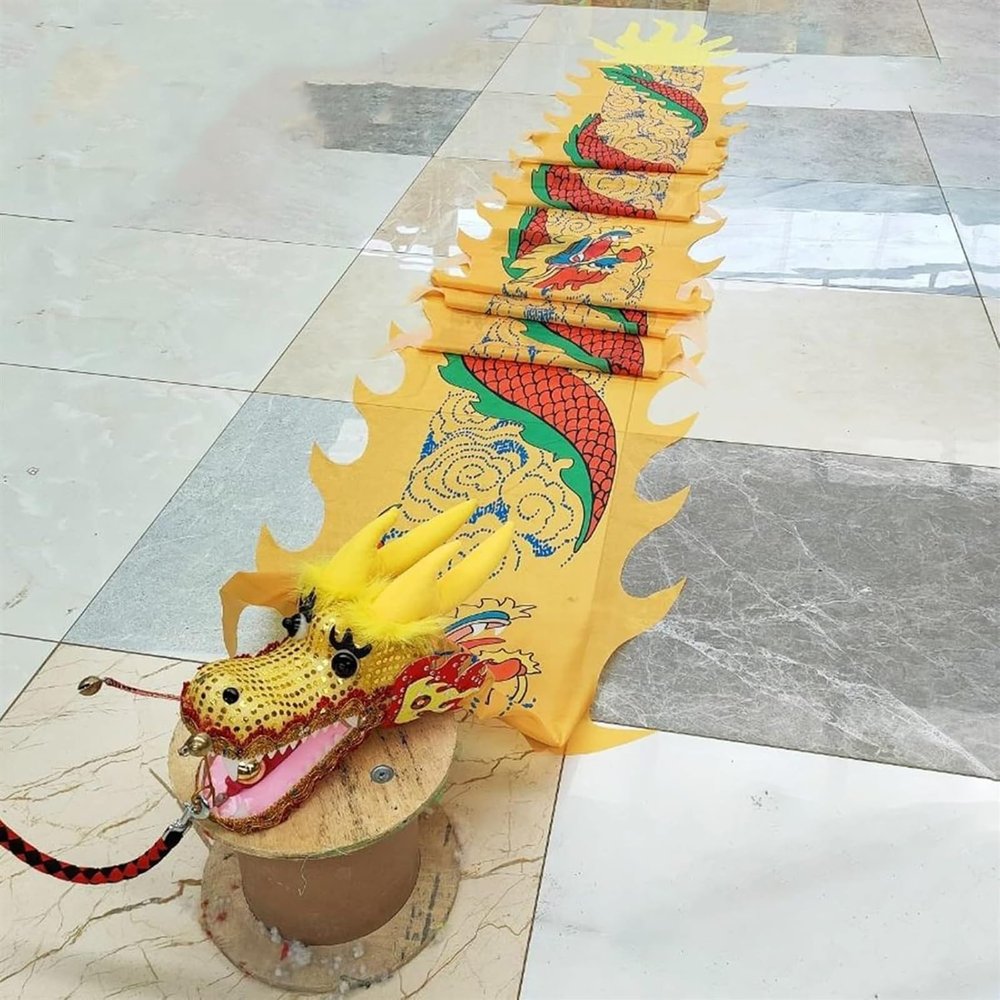 3D Colorful Dragon Silk-like Flowy Spinning Dragon Body Ribbon Dancer, Real-Like Plastic Dragon Head Dancer for Chinese New Year Folk, Silk Shaking Poi Spinning Streamer, Washable(Yellow,6M(19.6FT))