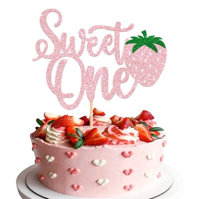 1 Pack Sweet One Cupcake Topper Glitter First Birthday Strawberry Cake Pick for Fruit Baby Shower 1st Birthday Berry Sweet Cake Decorations For Birthday Party Supplies Pink