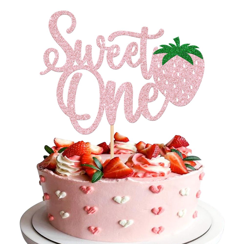 1 Pack Sweet One Cupcake Topper Glitter First Birthday Strawberry Cake Pick for Fruit Baby Shower 1st Birthday Berry Sweet Cake Decorations For Birthday Party Supplies Pink