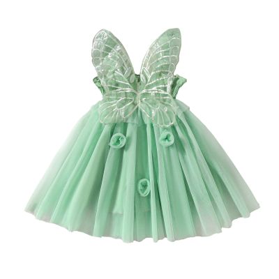 CHAUKAREAUL Baby Girls Sleeveless Dress Summer 3D Flowers Cute Tulle A-Line Dress with Butterfly Wing for Beach Party Cute Clothes (Green Flower, 3-4 Years)
