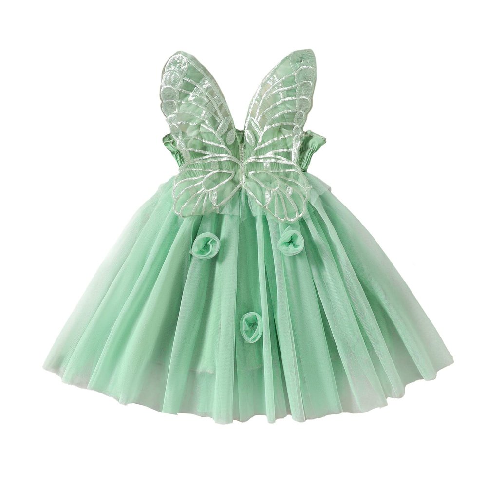 CHAUKAREAUL Baby Girls Sleeveless Dress Summer 3D Flowers Cute Tulle A-Line Dress with Butterfly Wing for Beach Party Cute Clothes (Green Flower, 3-4 Years)